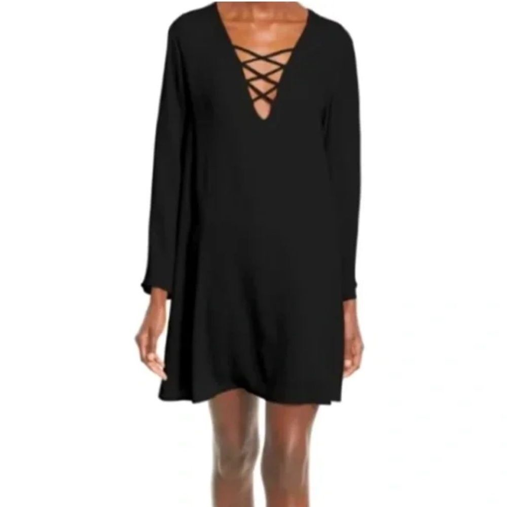 ASTR The Label Lace Up V Neck Mini Dress Black Women’s XS Long Sleeve